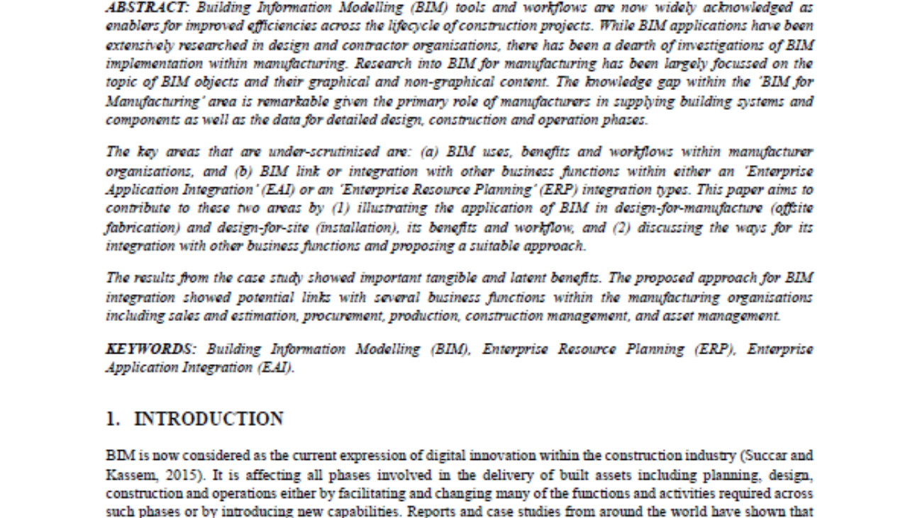 _Bim For Manufacturing A Case Study Demonstrating Benefits And Workflows And An Approach For Enterprise Application Integration (EAI)