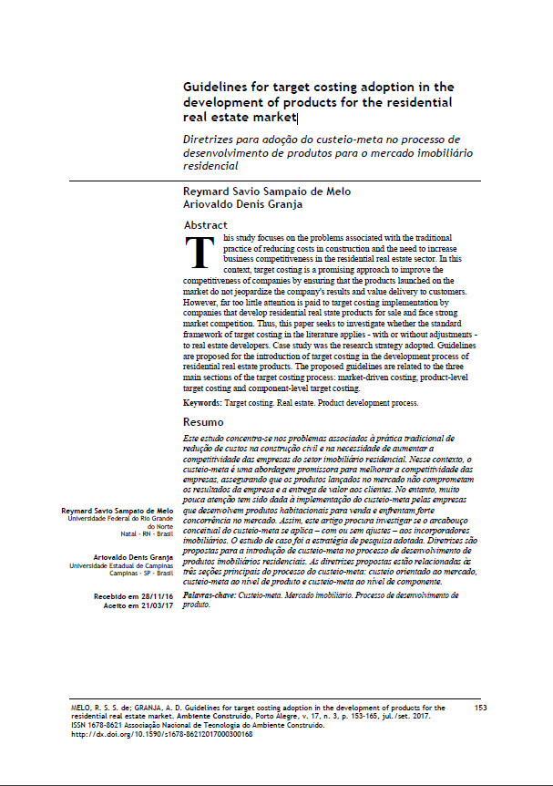 Guidelines For Target Costing Adoption In The Development Of Products For The Residential Real Estate Market