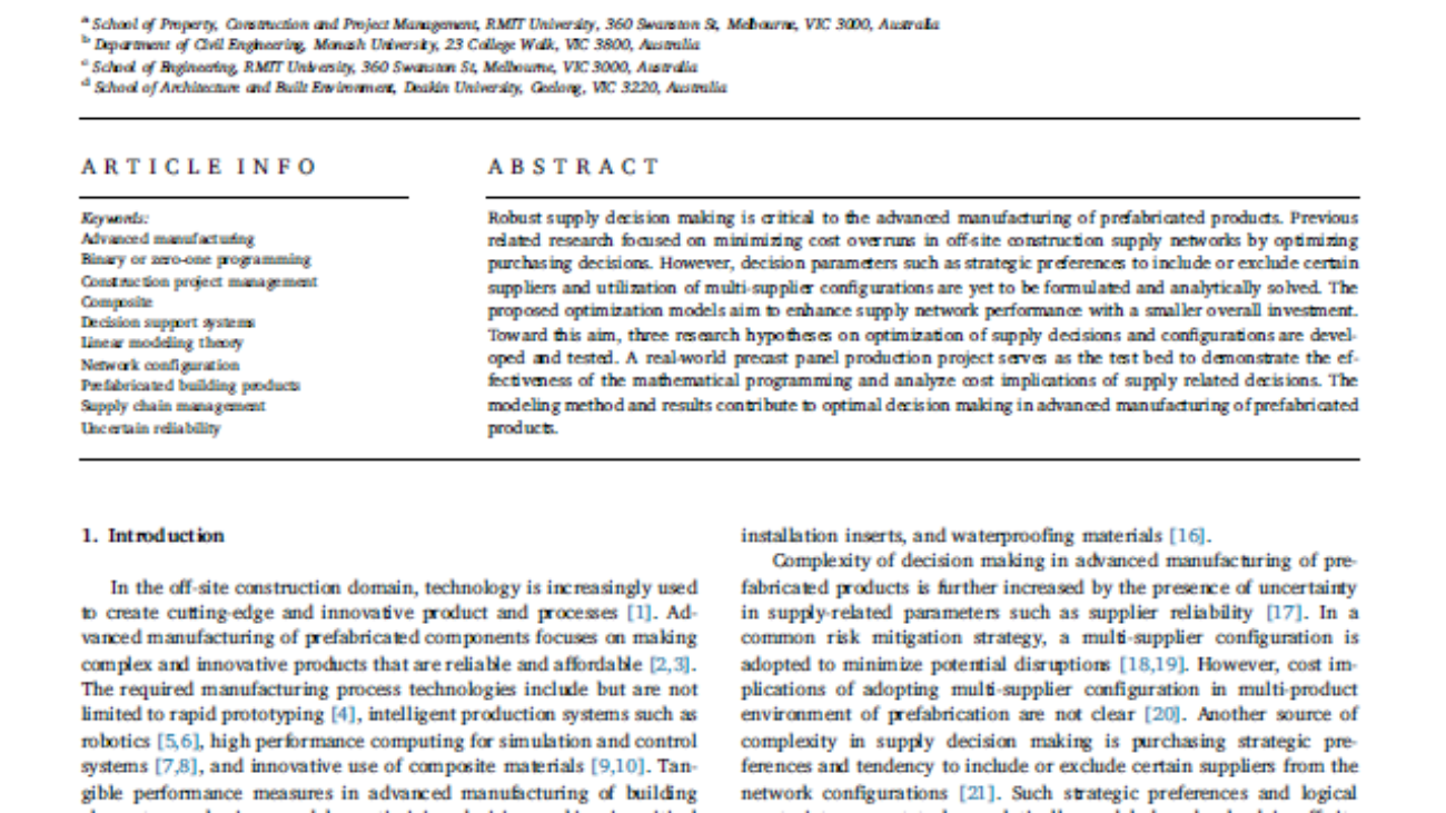 _Optimizing Decisions In Advanced Manufacturing Of Prefabricated Products Theorizing Supply Chain Configurations In Off-site Construction