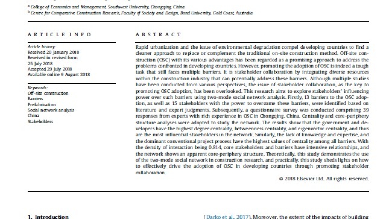 _Overcoming Barriers To Off-site Construction Through Engaging Stakeholders a Two-mode Social Network Analysis