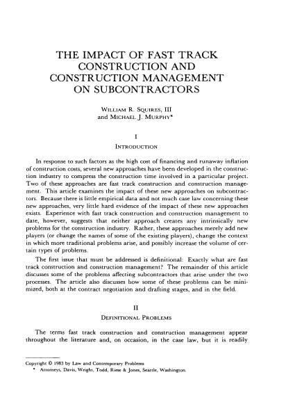 The Impact Of Fast Track Construction And Construction Management On Subcontractors