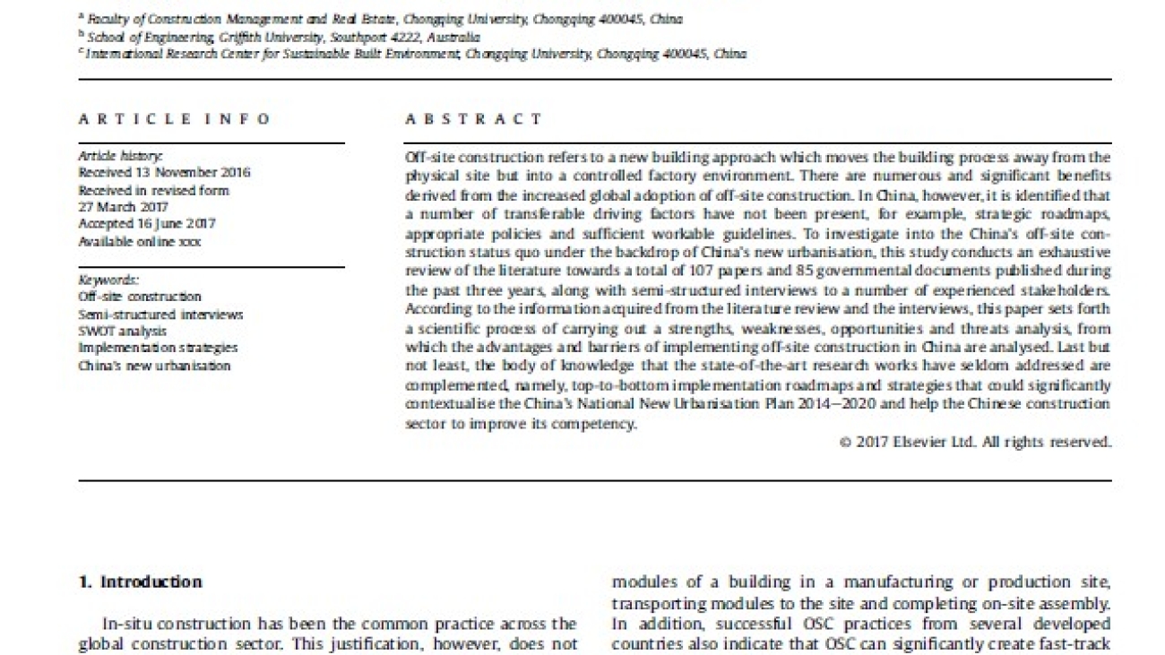 _A Swot Analysis For Promoting Off-site Construction Under The Backdrop Of China’s New Urbanisation