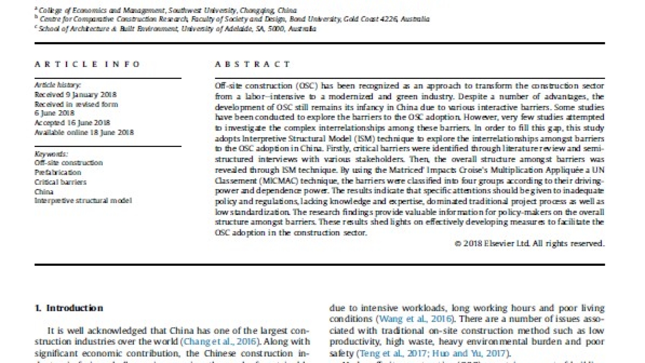 _Barriers To The Transition Towards Off-site Construction In China An Interpretive Structural Modeling Approach