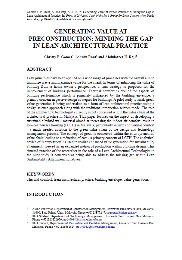 Generating Value At Preconstruction: Minding The Gap In Lean Architectural Practice