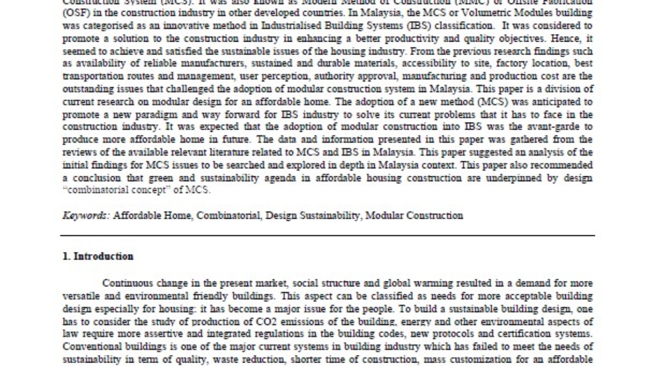 _Modular Construction System in Malaysia Issues for Research in Sustaining an Affordable Home Project