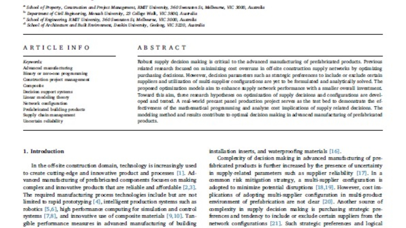 _Optimizing Decisions In Advanced Manufacturing Of Prefabricated Products Theorizing Supply Chain Configurations In Offsite Construction