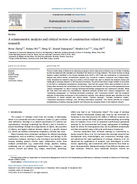 A Scientometric Analysis And Critical Review Of Construction Related Ontology Research