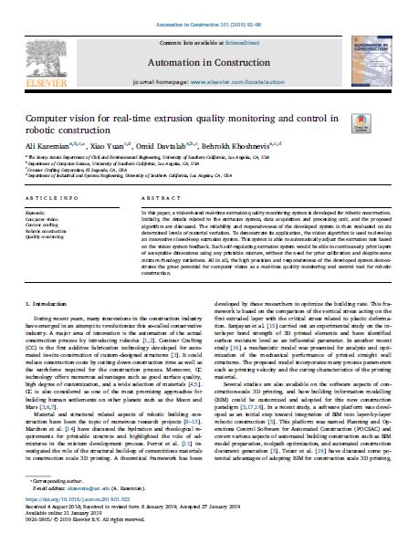 Computer Vision For Real-time Extrusion Quality Monitoring And Control In Robotic Construction