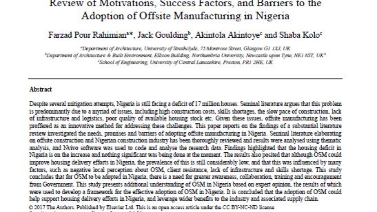 _Review of Motivations, Success Factors, and Barriers to the Adoption of Offsite Manufacturing in Nigeria