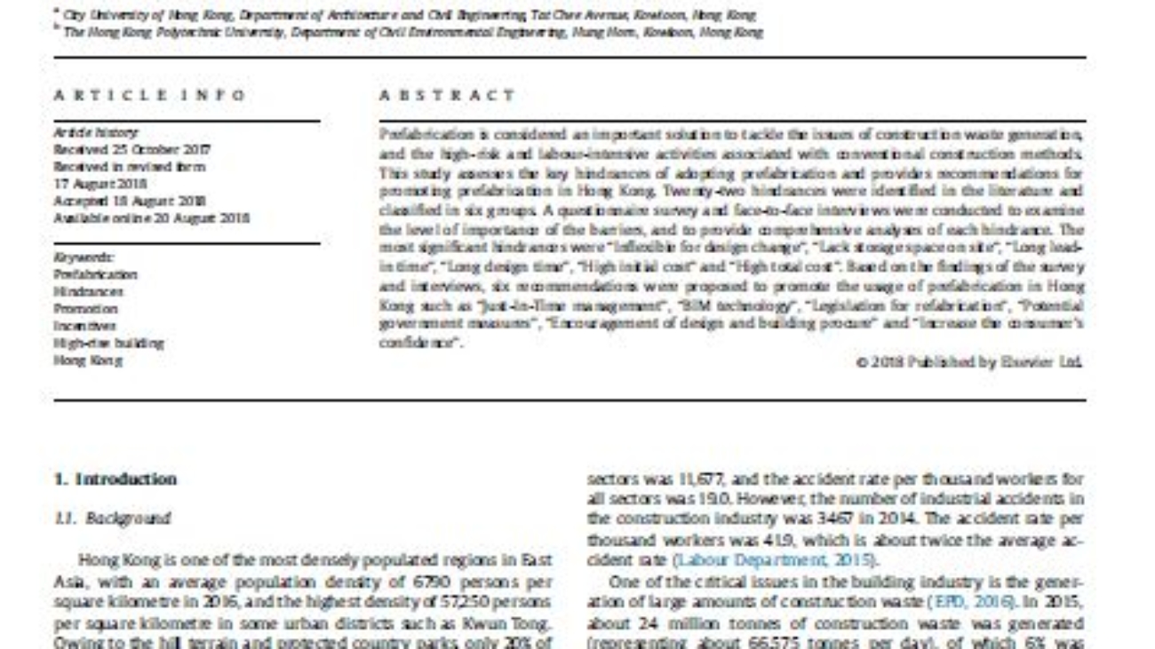 _The Hindrance To Using Prefabrication In Hong Kong's Building Industry