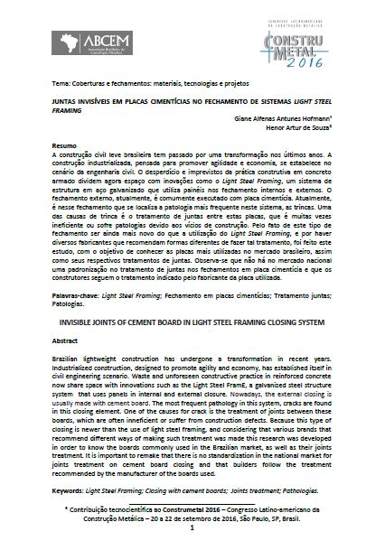 Juntas Invisíveis em Placas Cimentícias no Fechamento de Sistemas Light Steel Framing